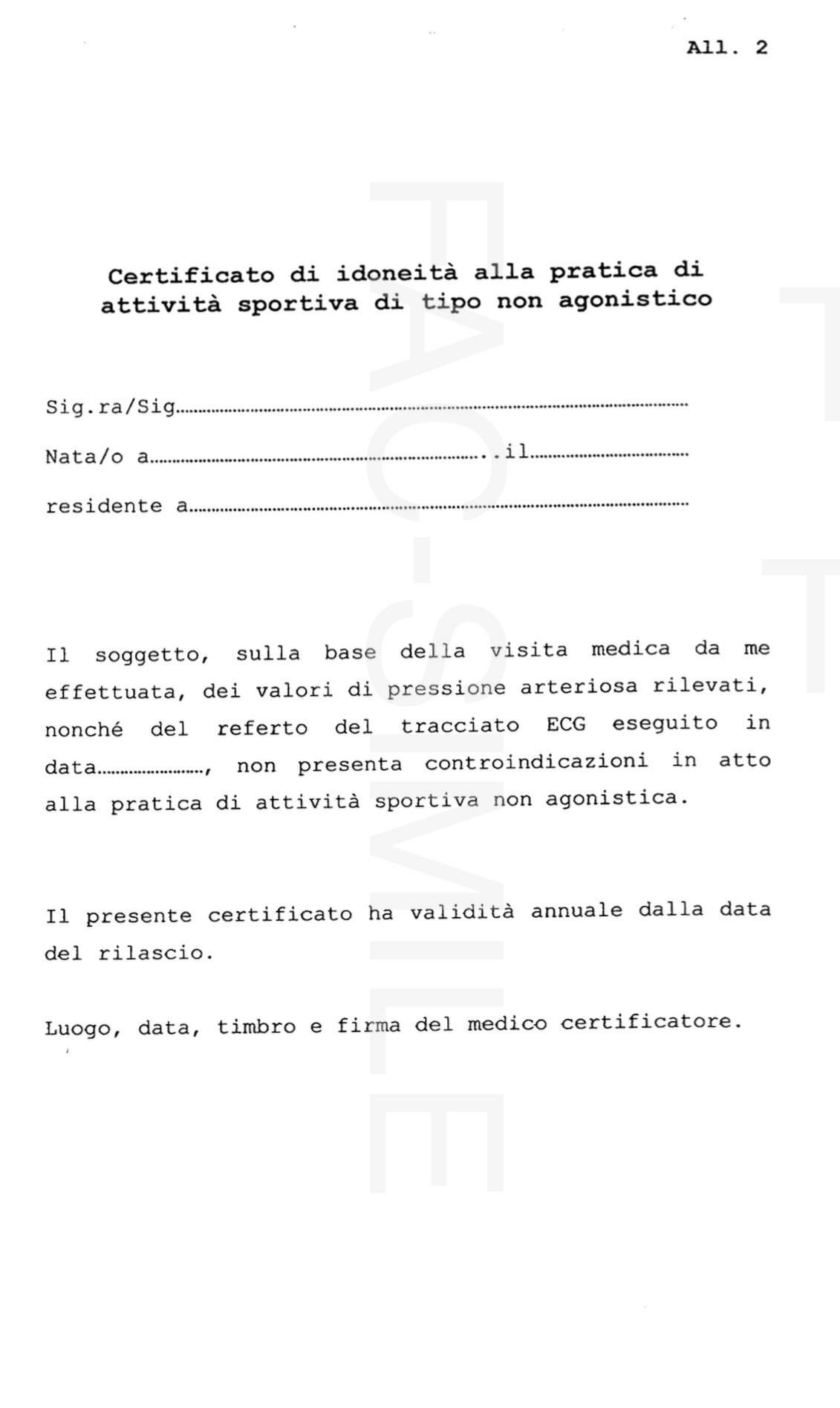 Facsimile certificato medico non agonistico